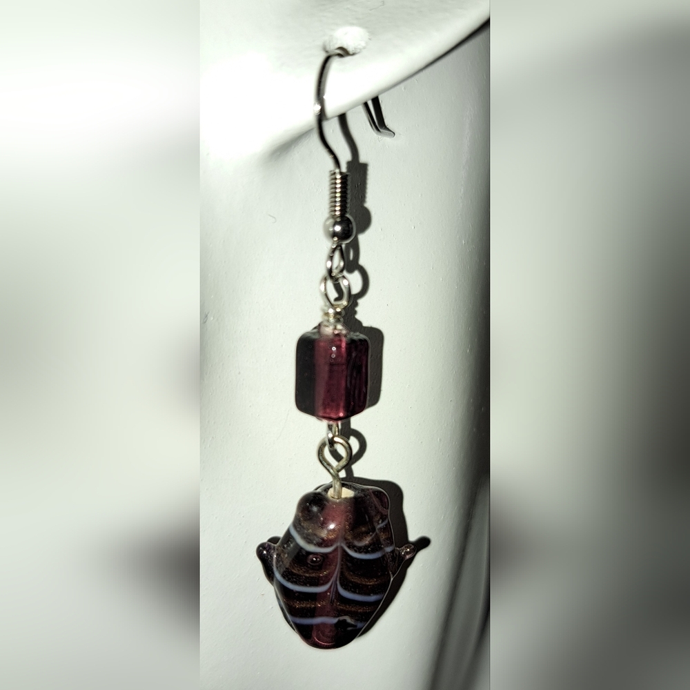 Purple Lampwork Copper Glitter Glass Bead Earrings Stainless Steel Hooks